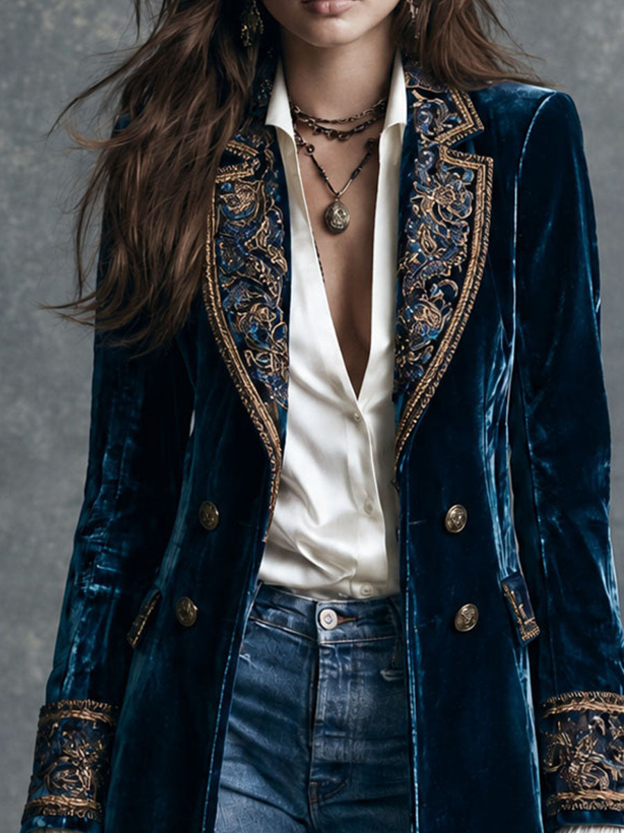 Théodora | Blazer Mi-Long en Velours Bleu Profond Brodé d’Or