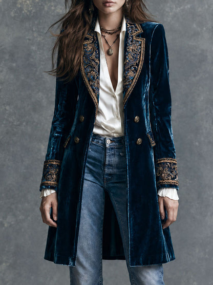 Théodora | Blazer Mi-Long en Velours Bleu Profond Brodé d’Or