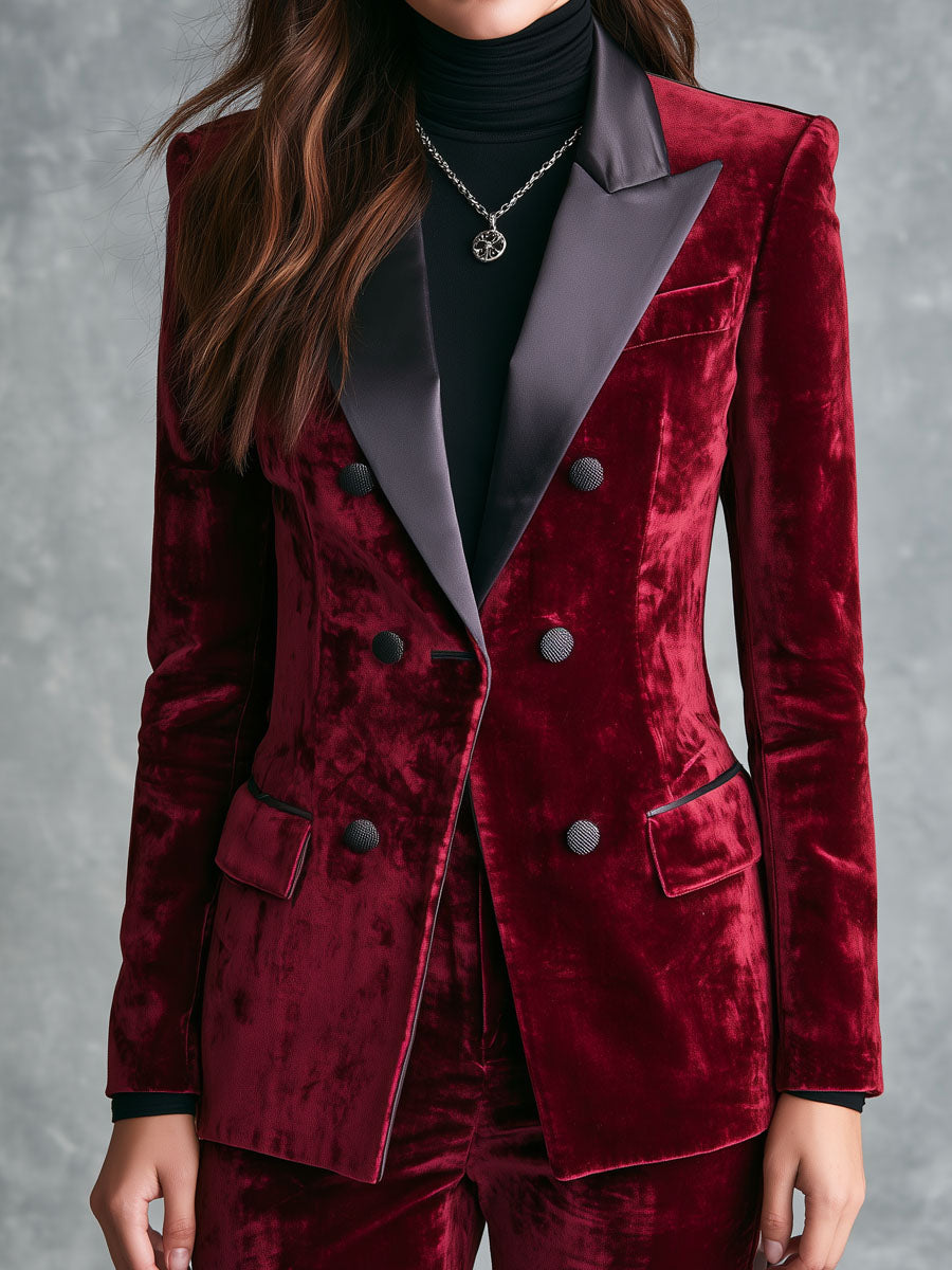 Victorine | Blazer Croisé en Velours Bordeaux à Revers Satinés