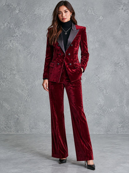 Victorine | Blazer Croisé en Velours Bordeaux à Revers Satinés