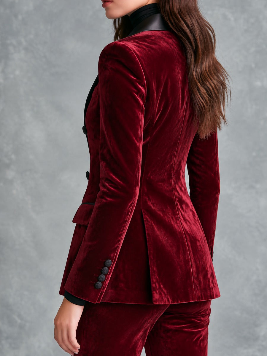 Victorine | Blazer Croisé en Velours Bordeaux à Revers Satinés
