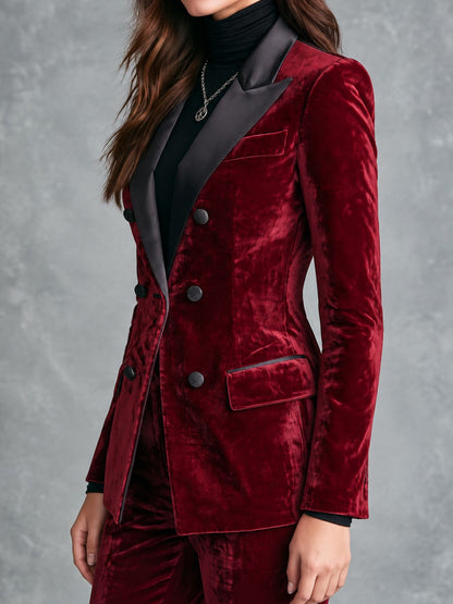Victorine | Blazer Croisé en Velours Bordeaux à Revers Satinés