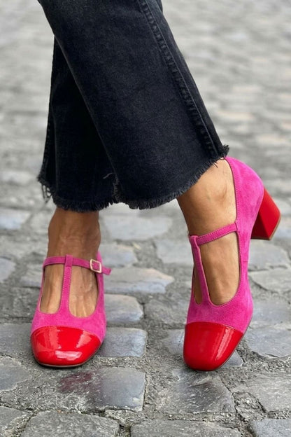 Talons larges color block Violet à bout rond avec boucle et bride en T