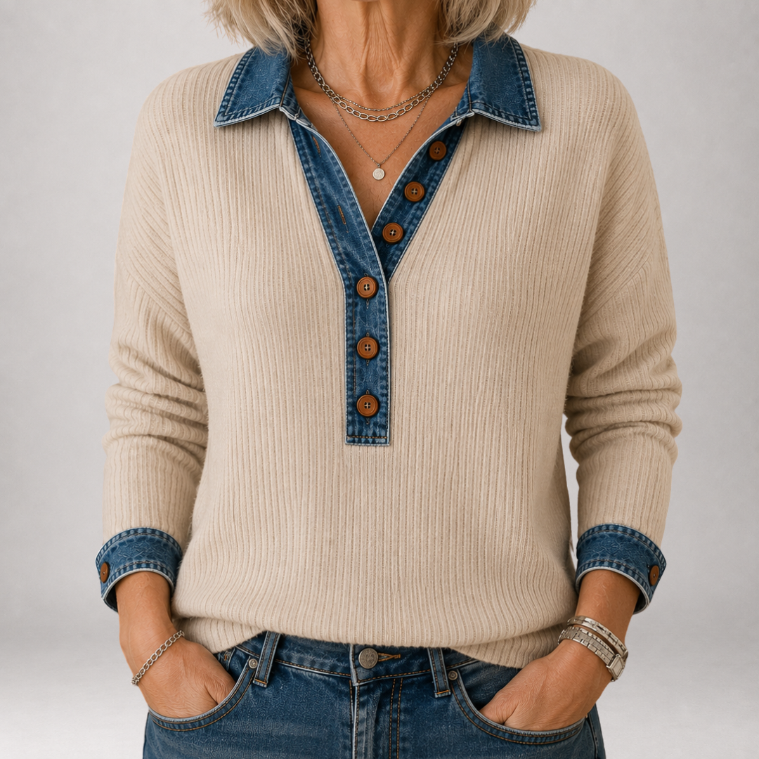 Clarisse | Pull Polo Côtelé Col Denim