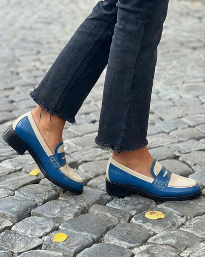 Marthe | Mocassins Penny Bleus Color Block à Petit Talon