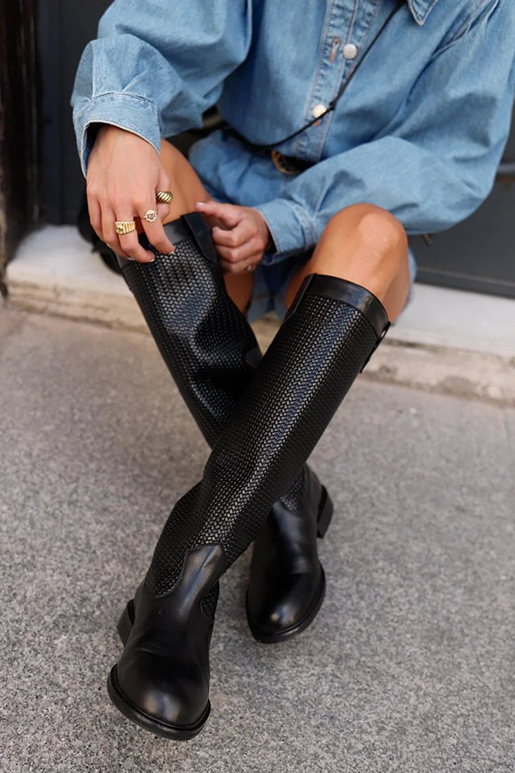 Maud | Bottes Hautes Noires Texturées à Bout Rond