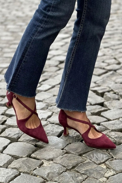 Talons bas pointus Kaki unis avec boucle et brides croisées