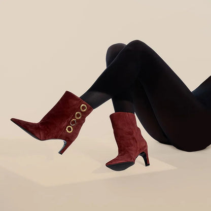 Geneviève | Bottes Bordeaux Pointues en Suédine à Anneau Métal