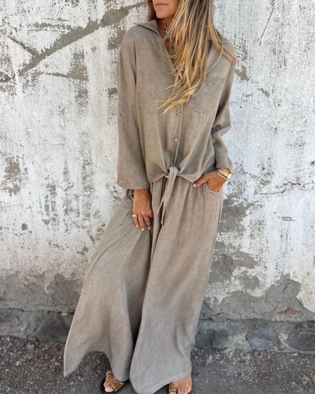 Solène | Ensemble Fluide Chemise Nouée et Pantalon Large