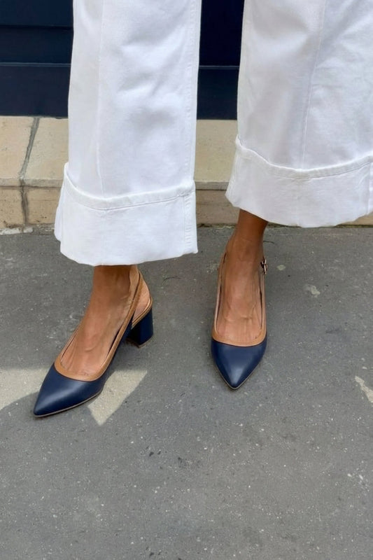 Talons bloc pointus slingback bicolores Bleu Marine