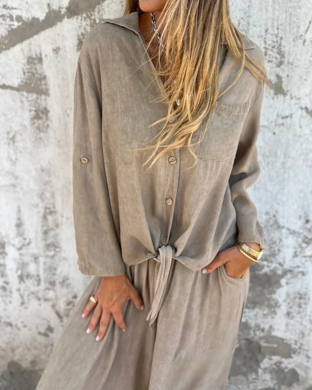 Solène | Ensemble Fluide Chemise Nouée et Pantalon Large