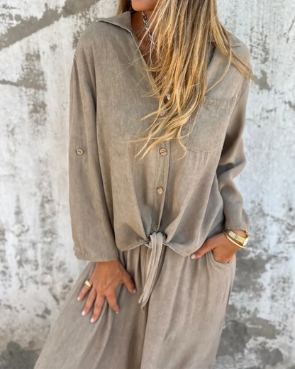 Solène | Ensemble Fluide Chemise Nouée et Pantalon Large
