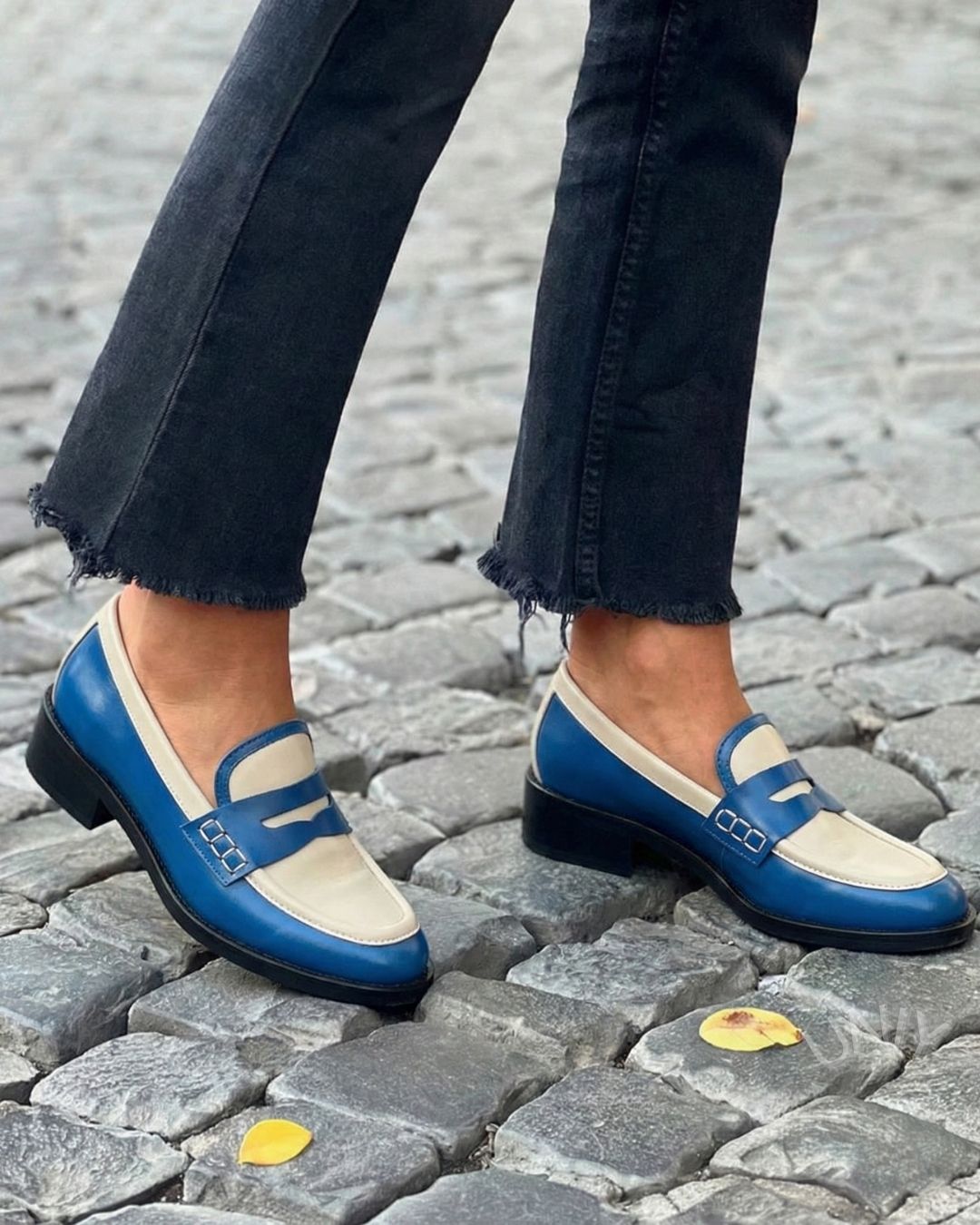 Marthe | Mocassins Penny Bleus Color Block à Petit Talon