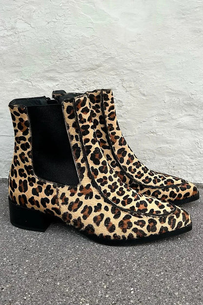 Léa | Bottes Beiges Léopard Pointues à Talon Épais