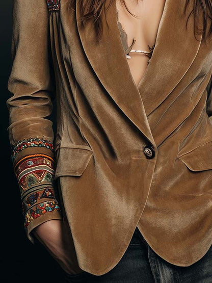 Esther | Blazer en Velours Caramel Brodé Bohème