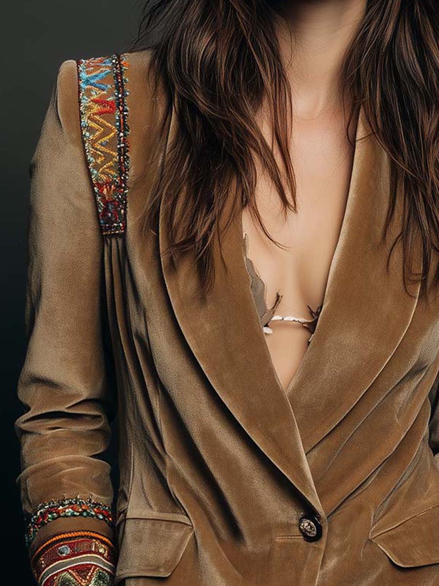 Esther | Blazer en Velours Caramel Brodé Bohème