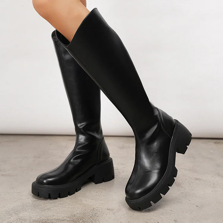 Mélisande | Bottes Hautes Noires à Zip et Talon Épais