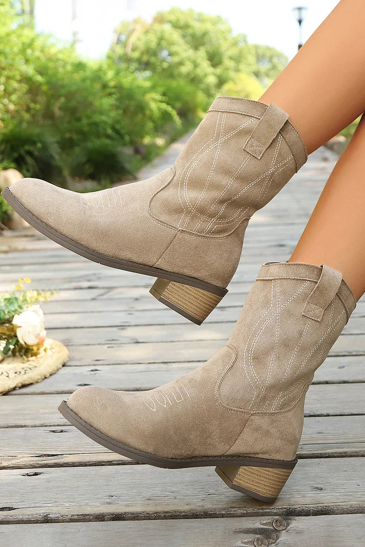 Pauline | Bottes Mi-Mollet en Suédine à Surpiqûres et Bout Rond