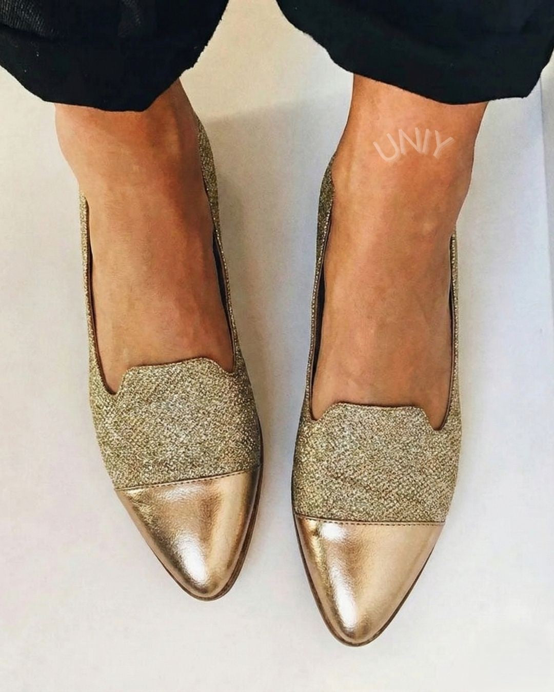 Lisette | Mocassins Pailletés Dorés à Bout Rapporté