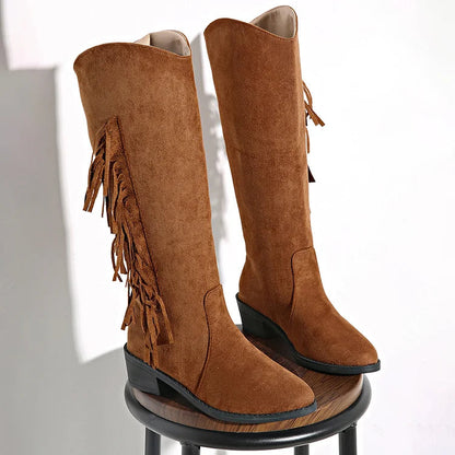 Hermine | Bottes Hautes Marron en Suédine à Franges et Talon Épais