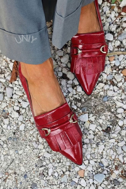 Hortense | Mocassins Vernis Rouges Pointus à Mors et Franges