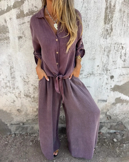 Solène | Ensemble Fluide Chemise Nouée et Pantalon Large