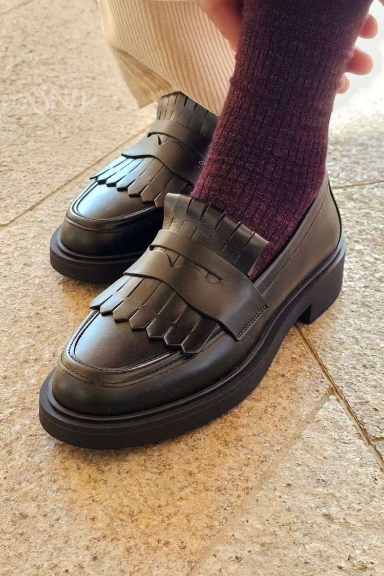 Jacqueline | Mocassins Noirs à Plateforme Chunky et Franges