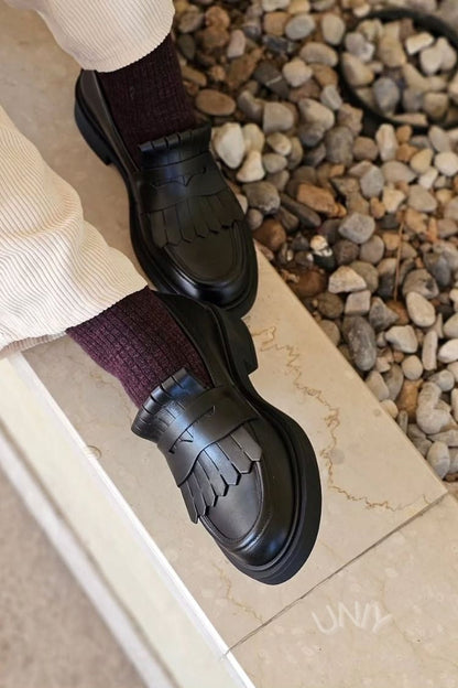 Jacqueline | Mocassins Noirs à Plateforme Chunky et Franges