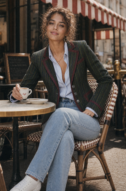 Faustina | Blazer Rayé à Passepoils Contrastés