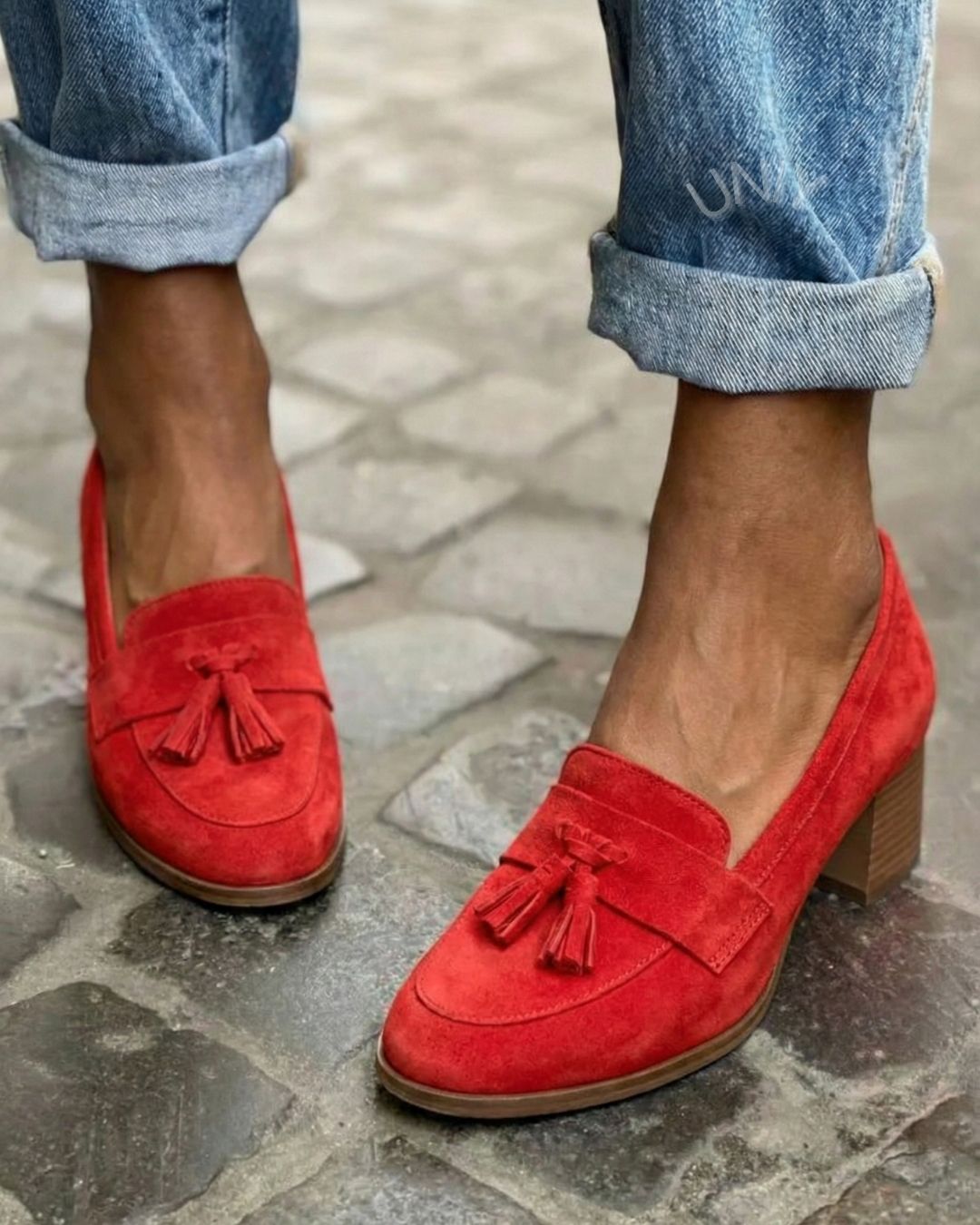 Juliette | Mocassins Rouges à Pampilles et Talon Bloc Haut
