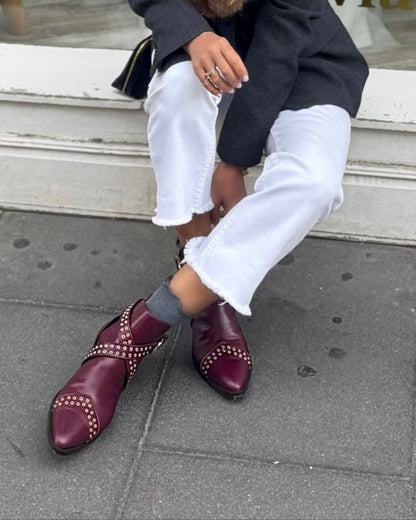 Inès | Bottines Bordeaux Pointues à Brides Croisées