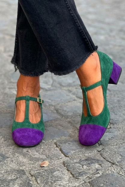 Talons larges patchwork Rouge à bout rond avec boucle et bride en T
