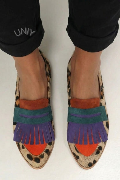 Irène | Mocassins Rétro Léopard à Franges Multicolores