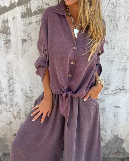 Solène | Ensemble Fluide Chemise Nouée et Pantalon Large