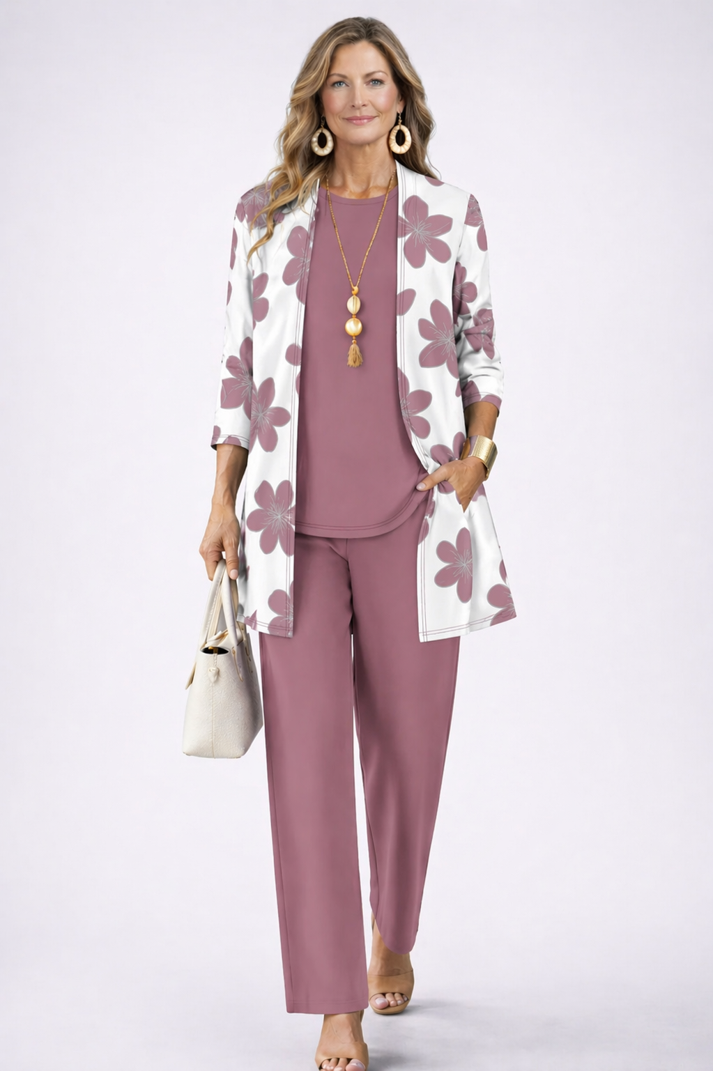 Bleuenn | Ensemble Trois Pièces Mauve à Gilet Blanc Fleuri