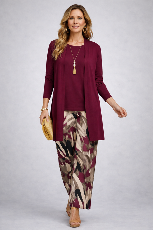Doriane | Ensemble Trois Pièces Bordeaux à Pantalon Imprimé