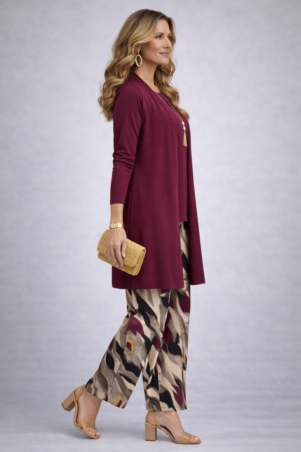 Doriane | Ensemble Trois Pièces Bordeaux à Pantalon Imprimé