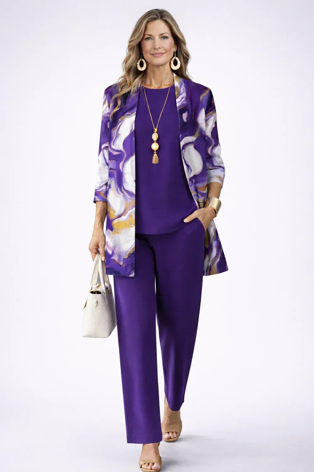 Solveig | Ensemble Trois Pièces Violet à Gilet Imprimé Tourbillon