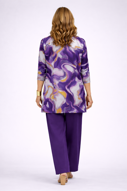 Fantine | Ensemble Trois Pièces Violet à Gilet Imprimé Abstrait