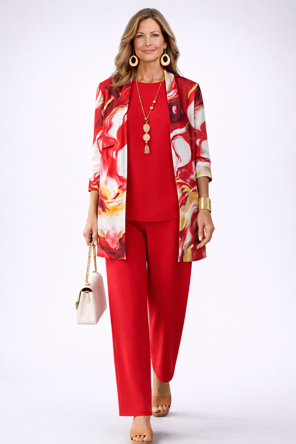Félicité | Ensemble Trois Pièces Rouge à Gilet Fleuri Blanc
