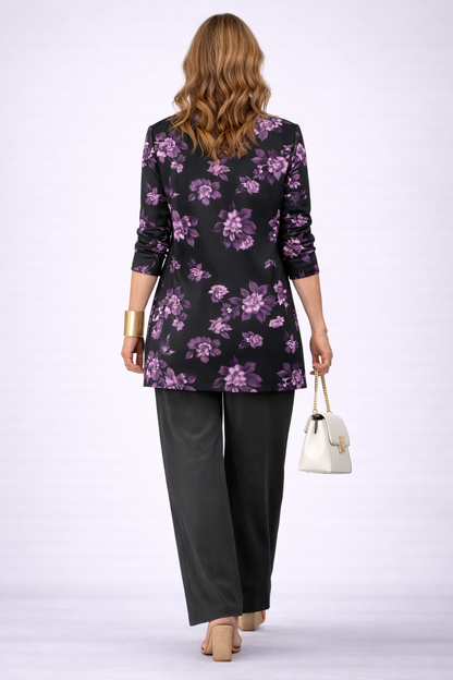 Cyrielle | Ensemble Trois Pièces Noir à Gilet Fleuri Violet