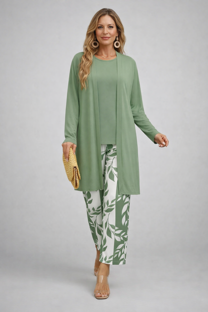 Isaline | Ensemble Trois Pièces Vert Sauge à Pantalon Imprimé