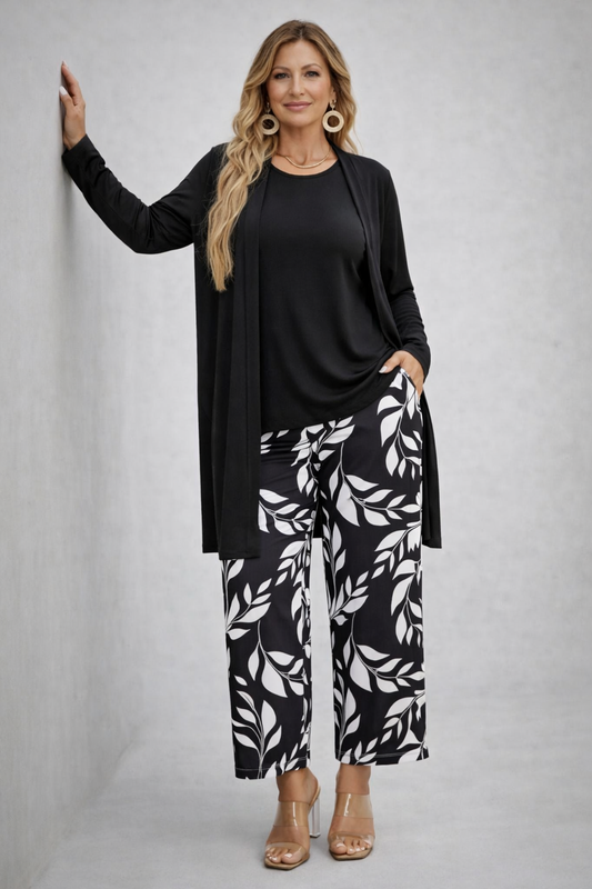 Gaëtane | Ensemble Trois Pièces Noir à Pantalon Imprimé Feuilles Blanches