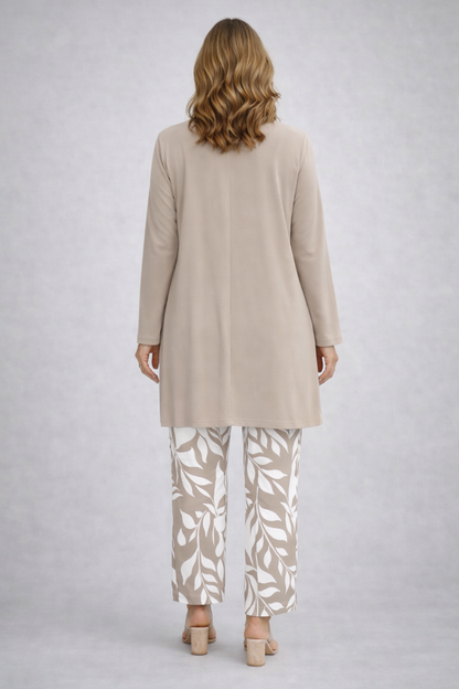 Élisabeth | Ensemble Trois Pièces Crème à Pantalon Imprimé Feuillage