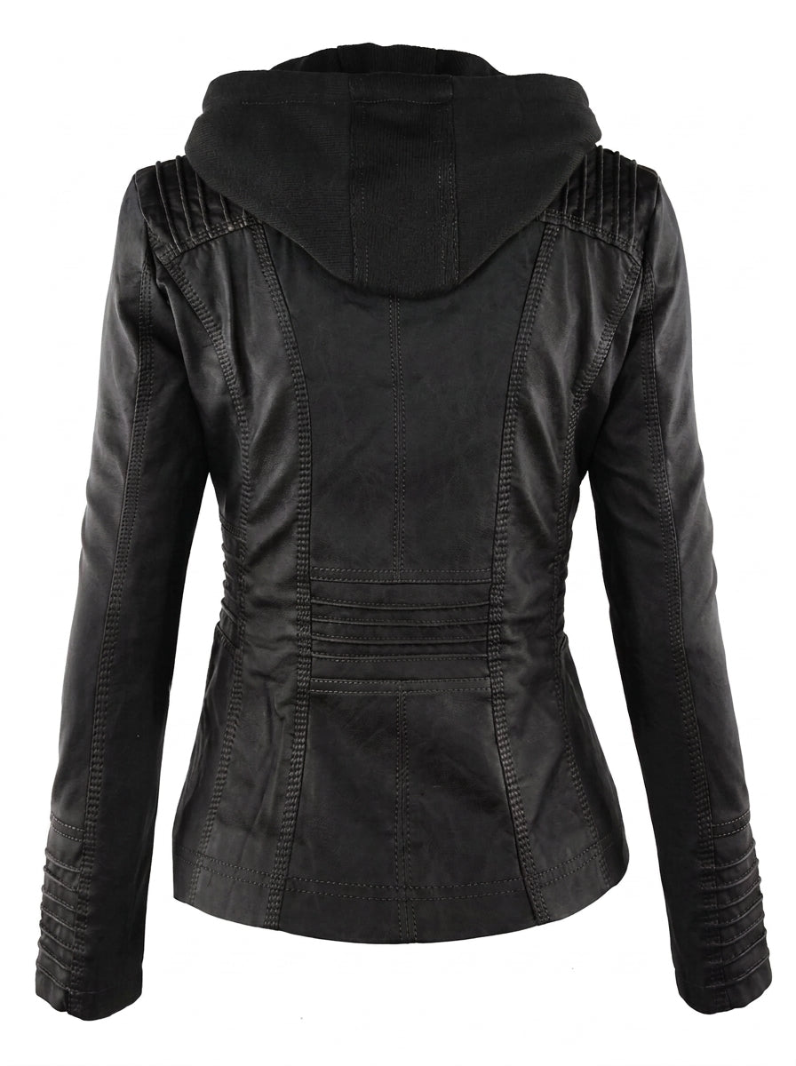 Fleurine | Veste Effet Cuir Zippée à Capuche Noir