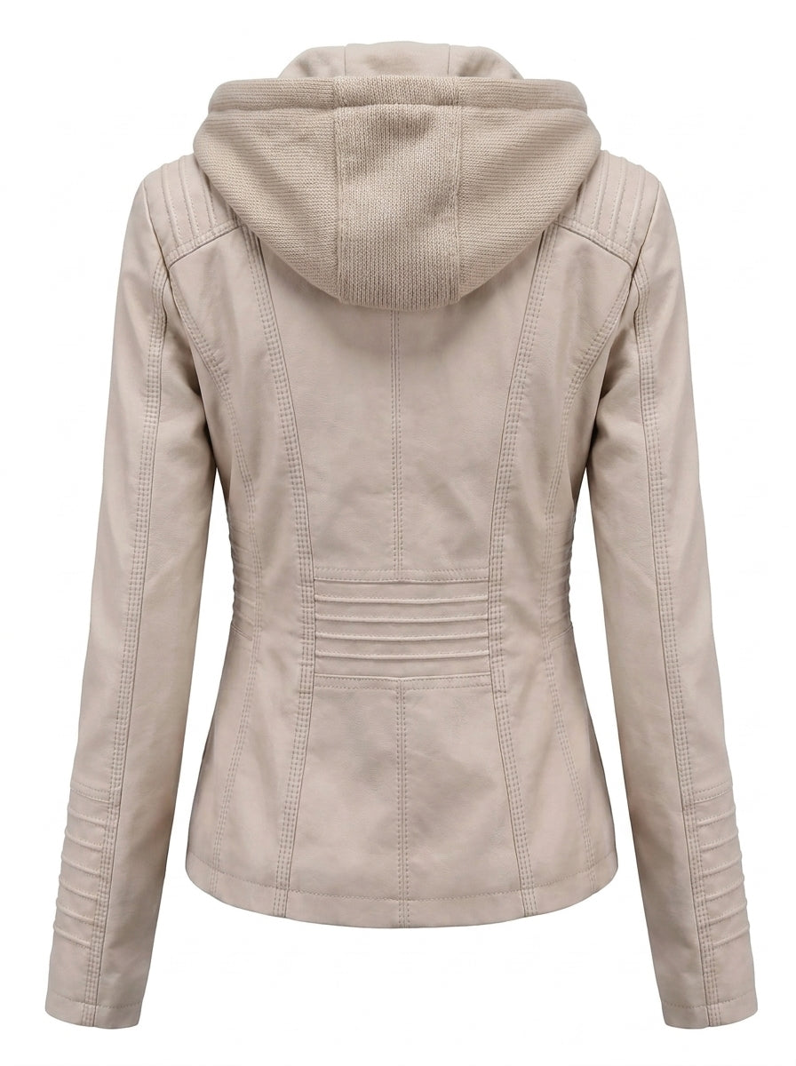 Énora | Veste Effet Cuir Zippée à Capuche Ivoire