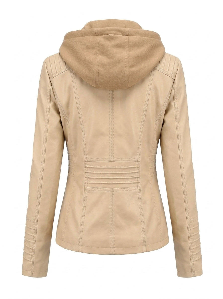 Prune | Veste Effet Cuir Zippée à Capuche Beige Sable