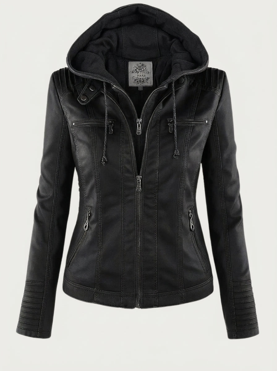 Fleurine | Veste Effet Cuir Zippée à Capuche Noir