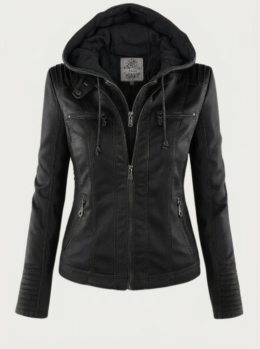 Fleurine | Veste Effet Cuir Zippée à Capuche Noir