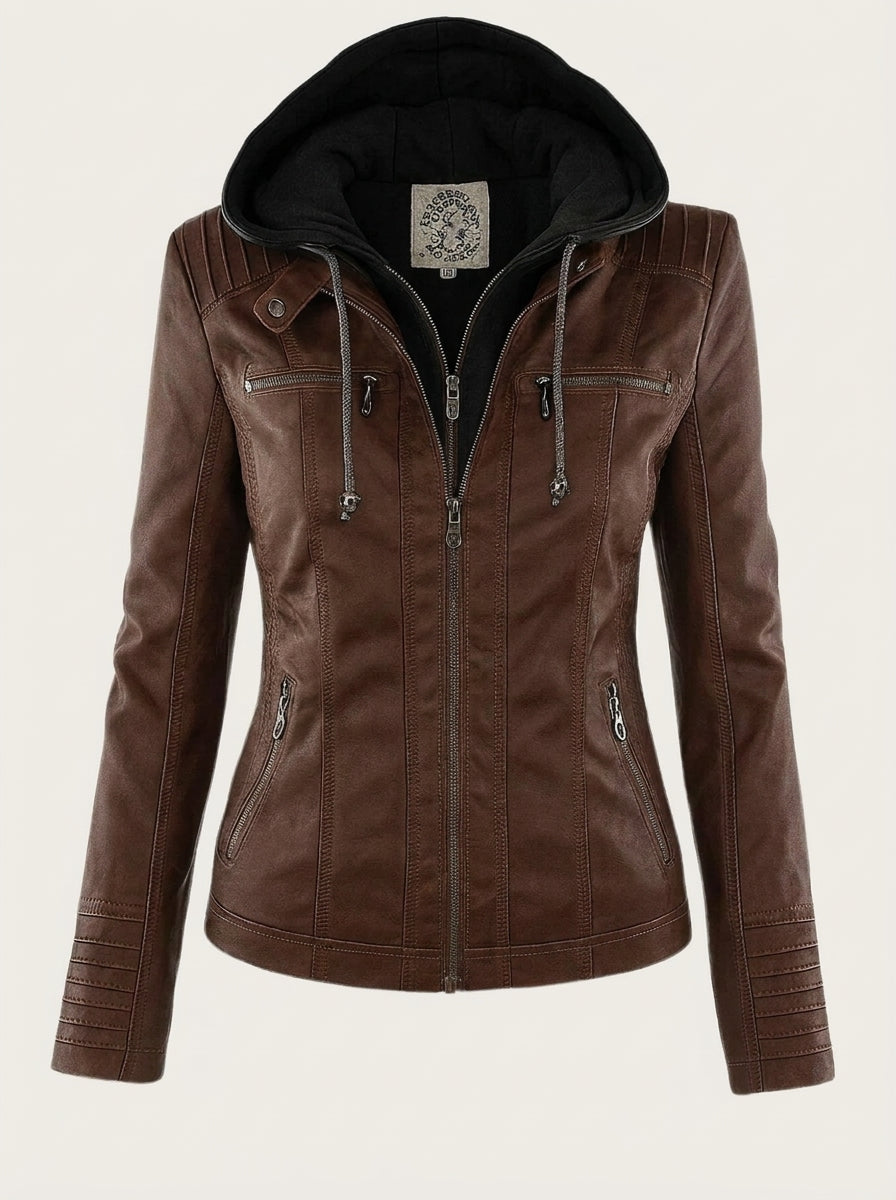 Esmée | Veste Effet Cuir Zippée à Capuche Chocolat